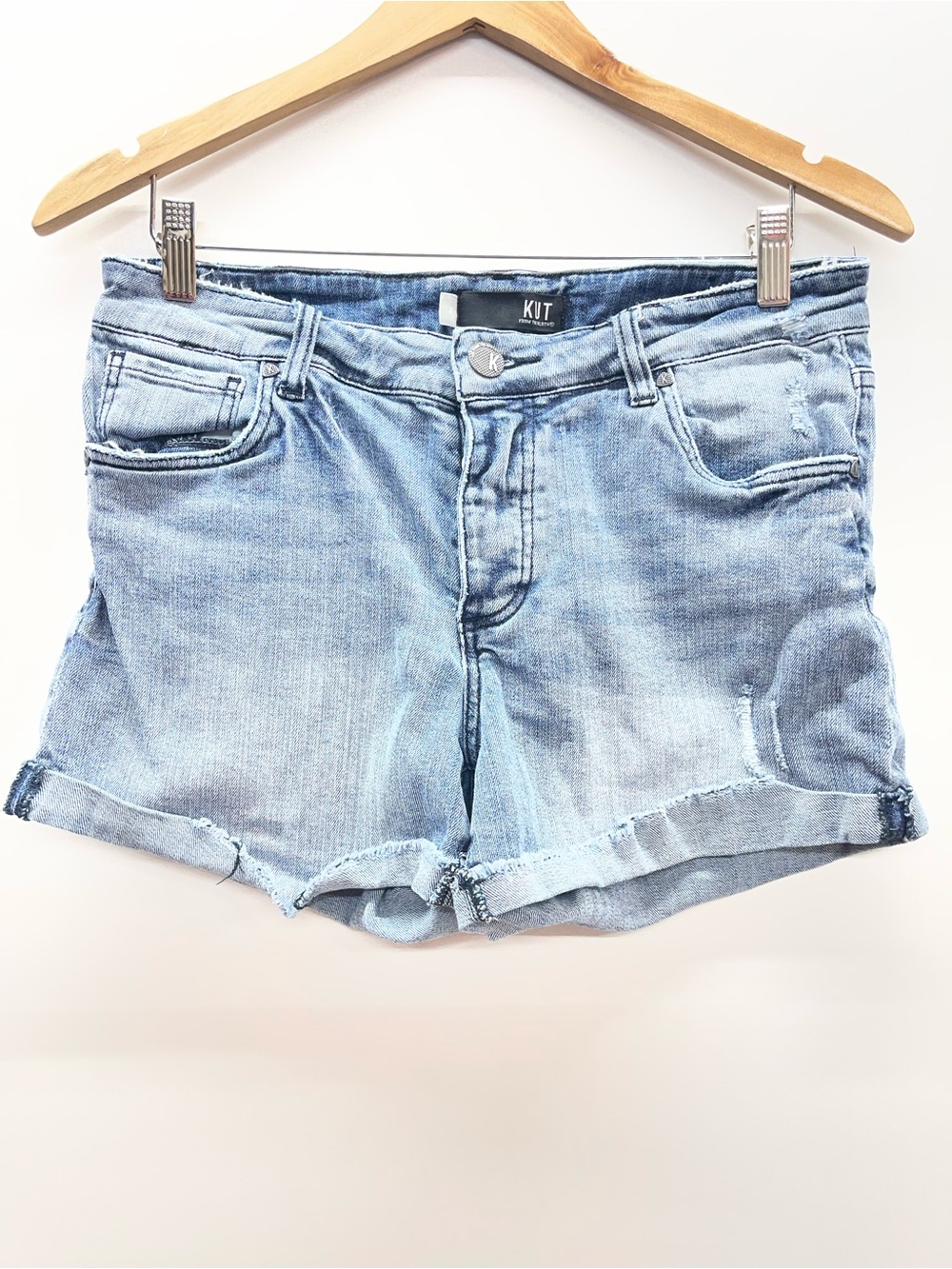 Kut from the Kloth Faded Light Blue Denim Roll-Cuff Shorts‎